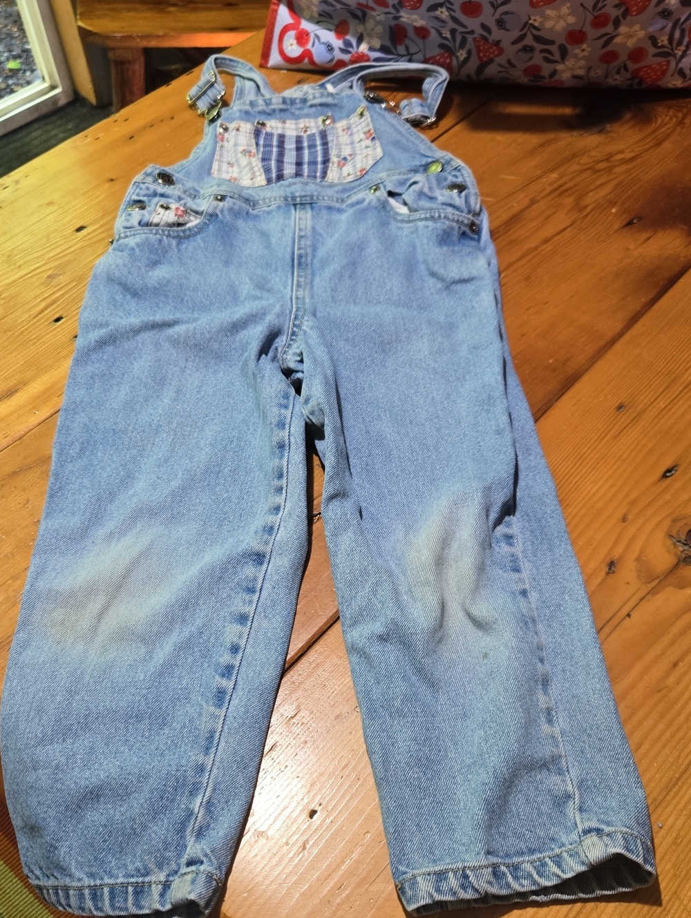 Vintage Rachel Kids Light Blue Denim Kids Overalls with Patches Sz 5